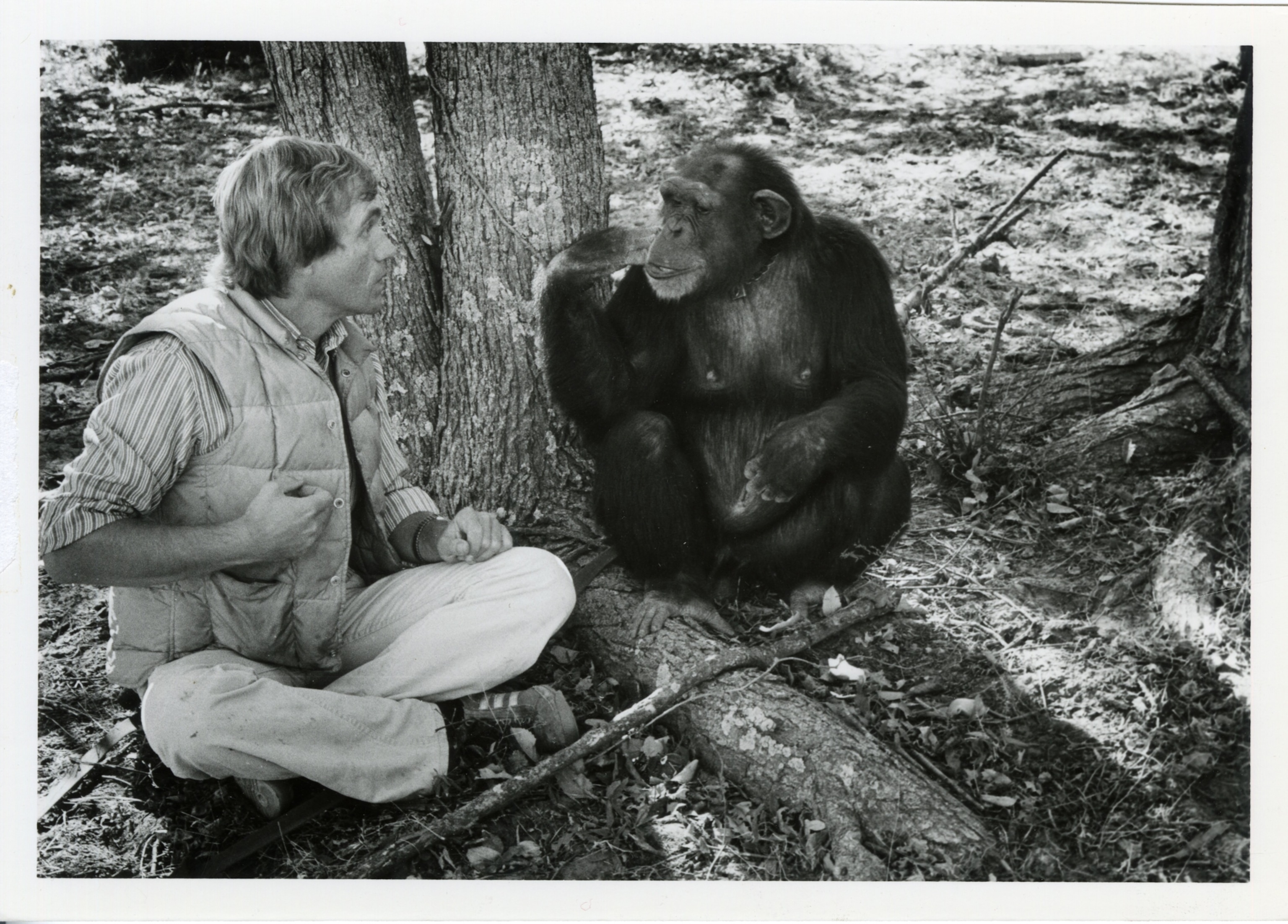 A man and a chimp sit together.