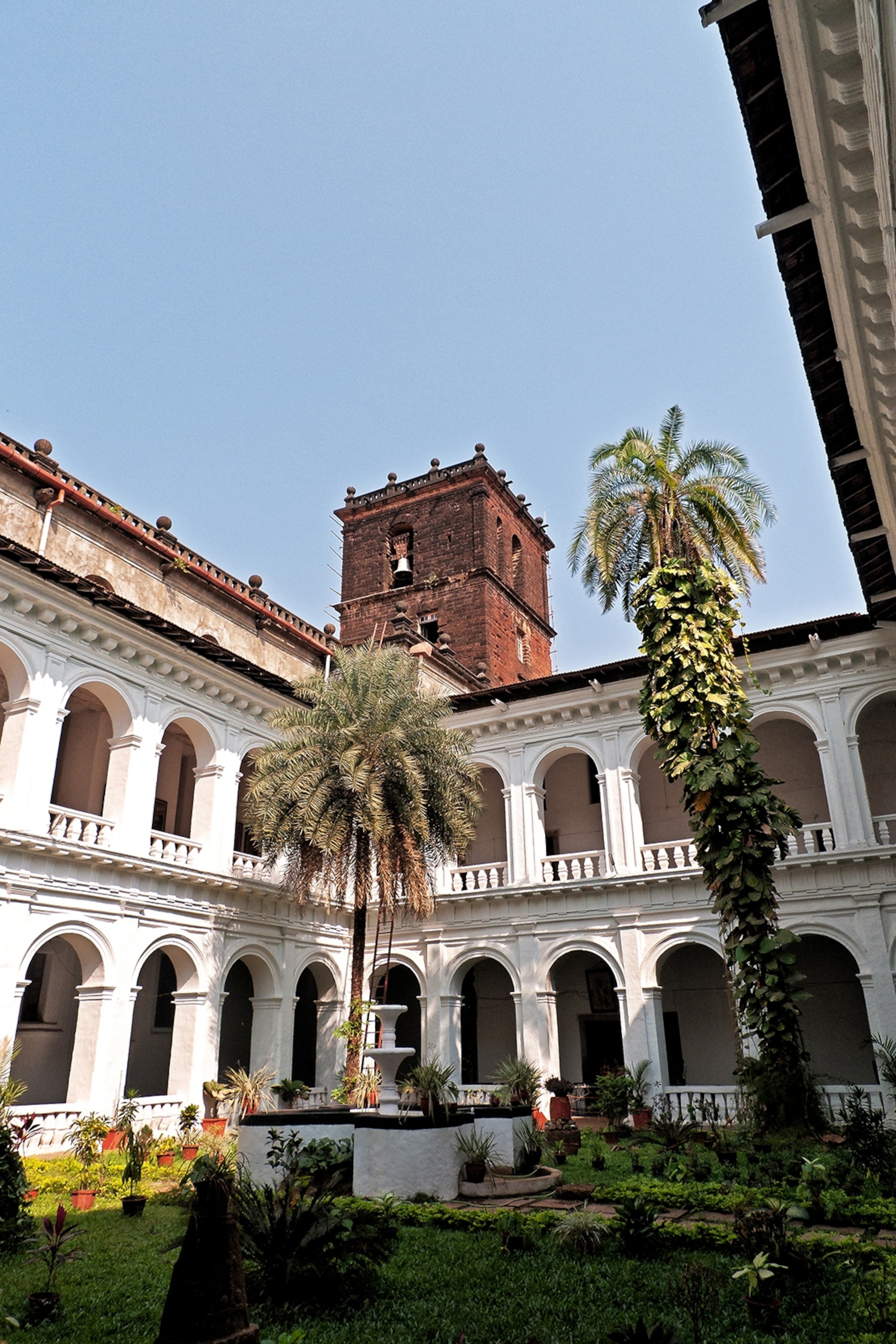 The inner courtyard of a basilica church with a stone tower, arched walkways and tropical palm trees.