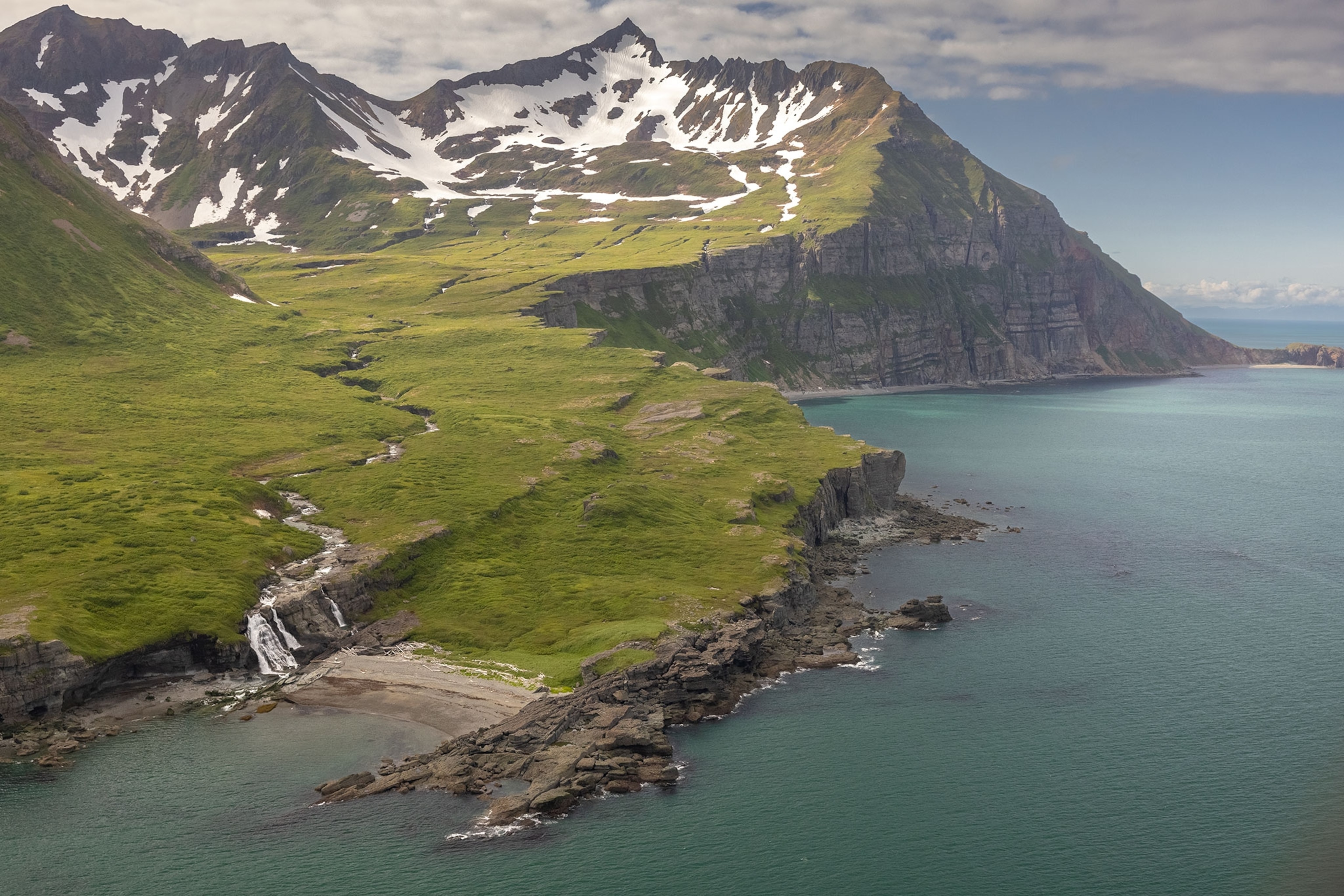 The coastline of Alaska's Katmai National Park near the base of Mt. Douglas as seen from an airplane