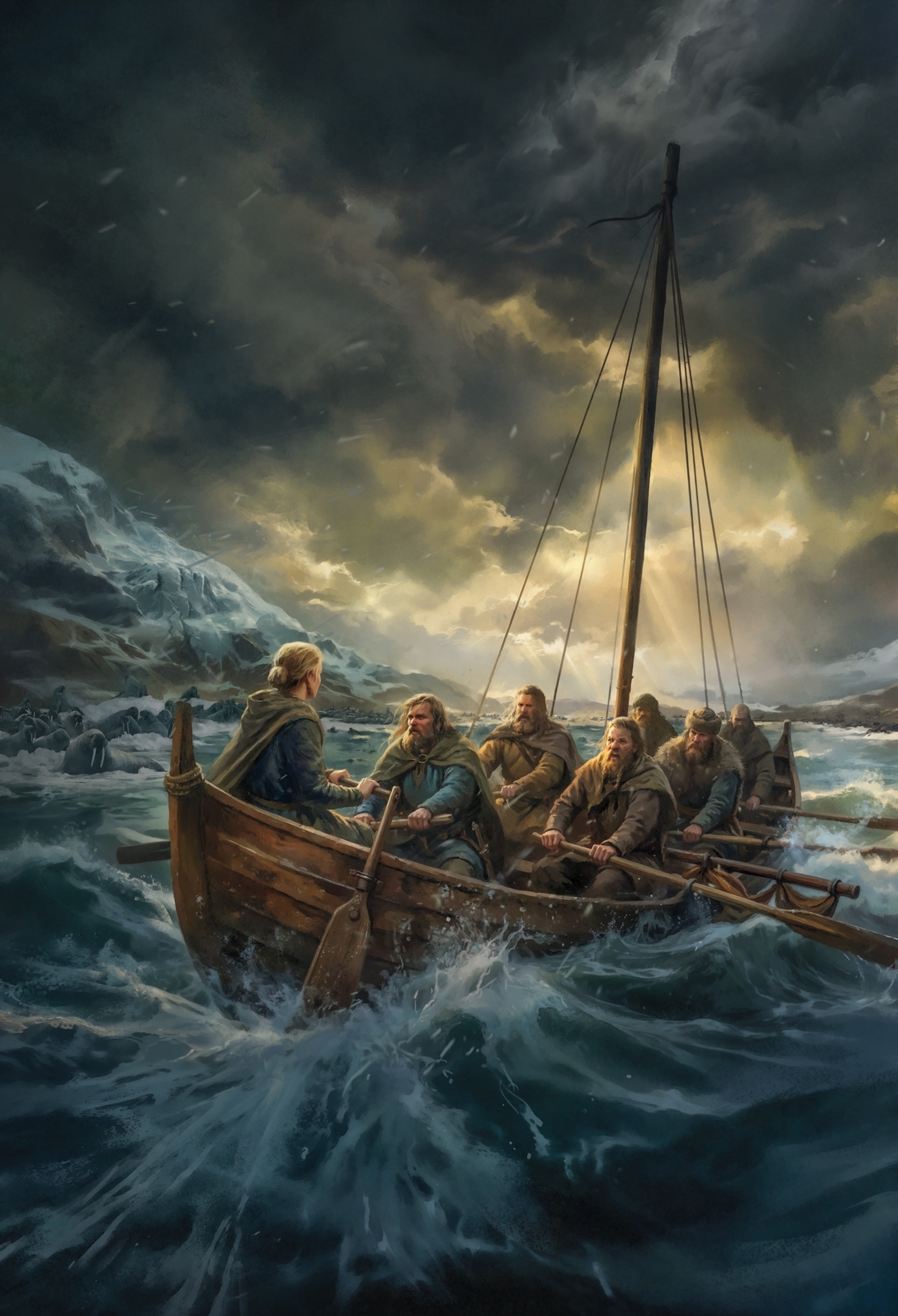 An illustration of Norse Vikings on a boat
